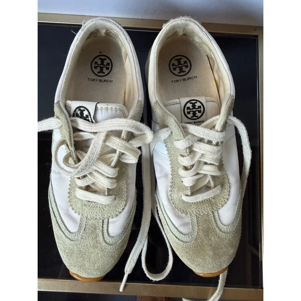 Tory Burch Tory Sneaker White‎ Sage Green Suede Nylon Low Top Trainers Gum Sole